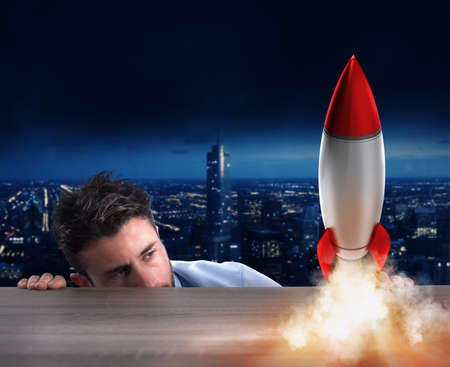 Startup of a new company with starting rocket. Concept of new business