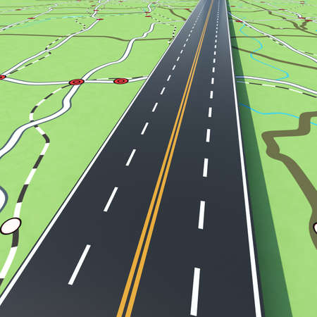 Road crosses the cities. Concept of infrastructure, road links, highway.3D Rendering