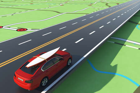 Car loaded with luggage on the road to summer vacation. 3D Rendering