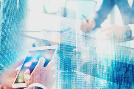 Businessperson in office connected on internet network. concept of partnership and teamwork