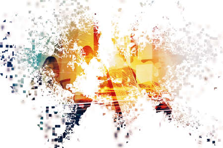 Abstract modern world with businessperson. Concept of global internet sharing. Double exposureの写真素材