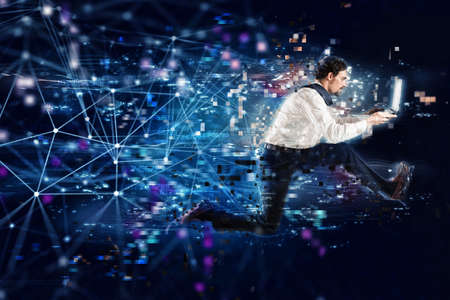 Fast internet connection concept with running businessmanの写真素材