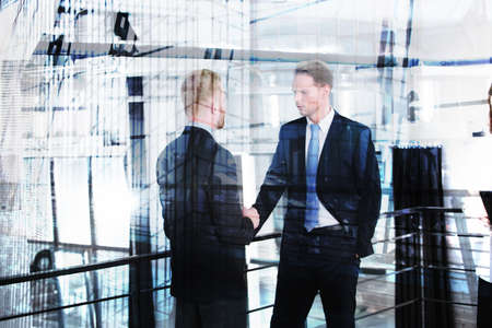 Businessperson that speak in office. double exposureの写真素材