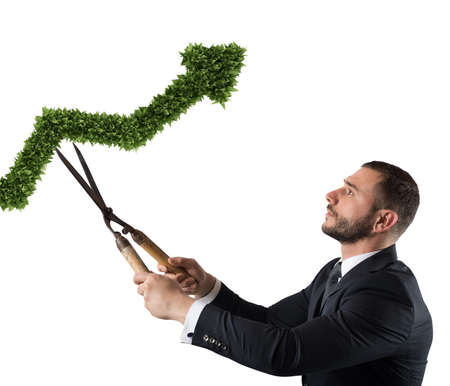 Businessman that cuts and adjusts a plant shaped like an arrow stats. Concept of startup company . 3D Renderingの写真素材