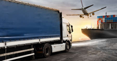 Truck, aircraft and cargo ship ready to start to deliver packagesの写真素材