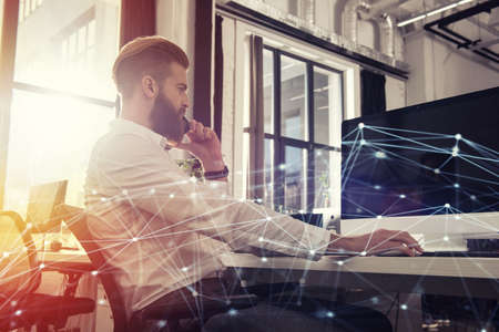 Businessman in office connected on internet network. concept of startup company