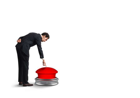 Businessman launches rocket pushing a red button. 3D Rendering