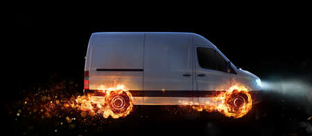 Super fast delivery of package service with van with wheels on fireの写真素材