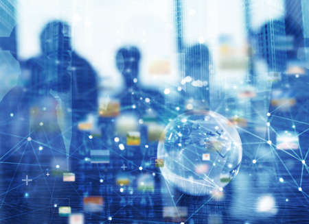 Businessmen that work together in office with global network connection effect. Concept of teamwork and partnership. double exposureの写真素材