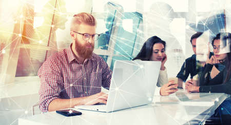 Businessman in office connected on internet network. concept of startup companyの写真素材