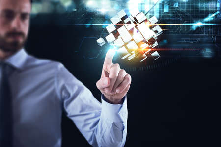 Innovation in the digital world. Businessman pointing at abstract cubes shines. 3D Rendering