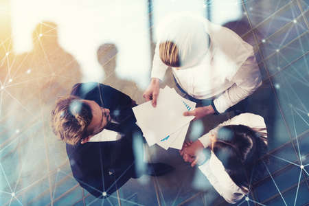 Business people works with statistics number of the company. double exposure