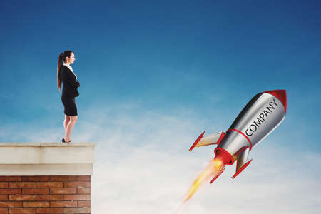 Fast rocket ready to fly fast. Startup of a new company conceptの写真素材