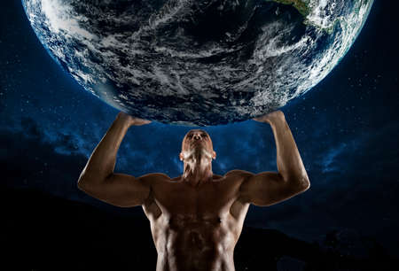 Bodybuilder man that holds the world with his strength