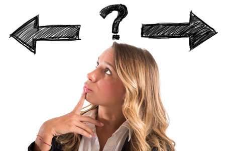 Confused businesswoman must choose the right way