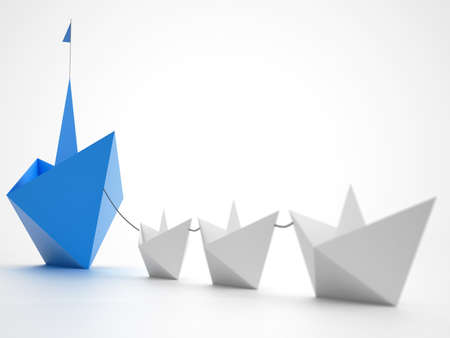 Unity is strength. Small paper boats that tow a bigger ship. Concept of teamwork and alliance. 3D Renderingの写真素材