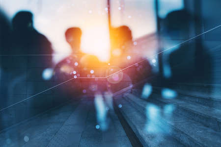 Silhouette of business people work together in office. Concept of teamwork and partnership. double...