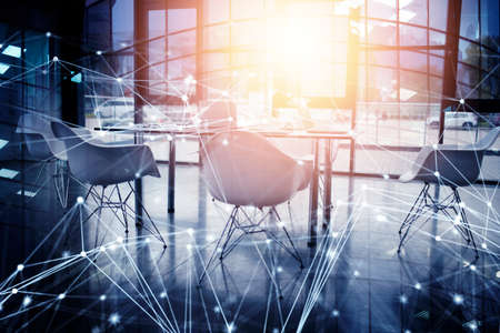 Business background of a with meeting room with network lines. double exposure