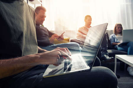 Businessman in office connected on internet network. concept of startup companyの写真素材