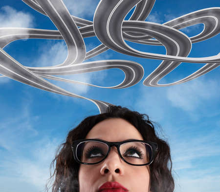 Confusion of way for a businesswoman. Concept of difficult career