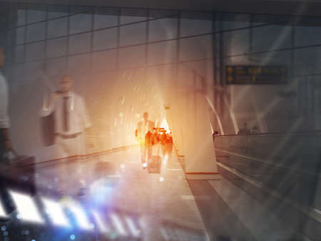 Double exposure with silhouettes of businessmen passengers in the airport. Concept of business...