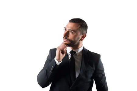 Businessman thinks new strategies to grow up the company. Isolated on white background
