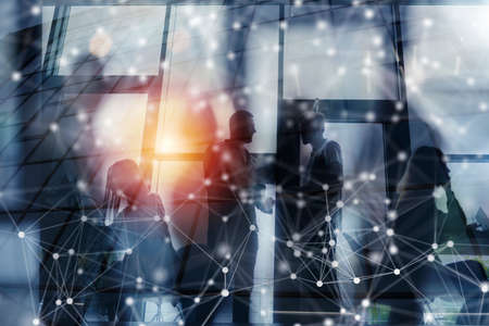 Business people collaborate together in office. Double exposure effects