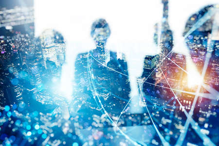 Business people collaborate together in office. Internet connection effects. Double exposure...