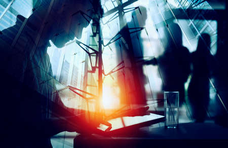 Team of business person works together. Concept of teamwork. Double exposure