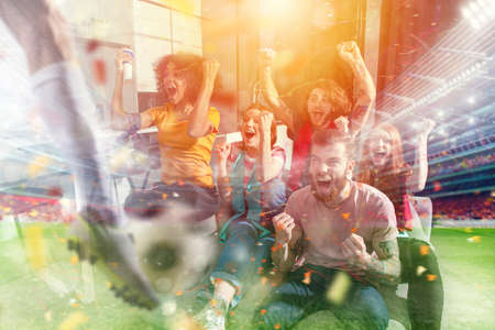 Happy friends of football fans watching soccer on tv and celebrating victory with falling confetti. Double exposure