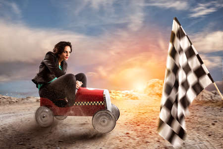 Fast businesswoman with a car wins against the competitors. Concept of success and competition.
