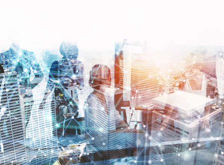 Business people collaborate together in office. Internet connection effects. Double exposure...