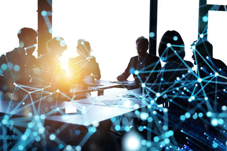 Business people collaborate together in office. Internet connection effects. Double exposure...