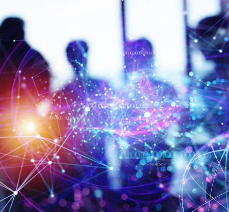 Business people collaborate together in office. Internet connection effects. Double exposure...