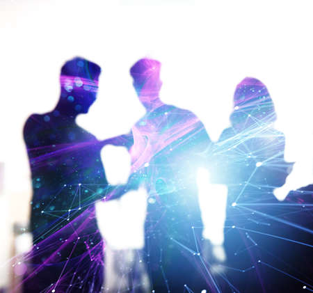 Business people collaborate together in office. Internet connection effects. Double exposure effects.の写真素材