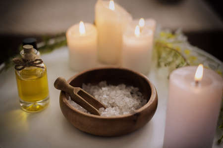 Salt Spa treatment set on wooden tableの写真素材