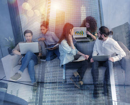 Businessman in office connected on internet network. concept of startup company. Double exposure