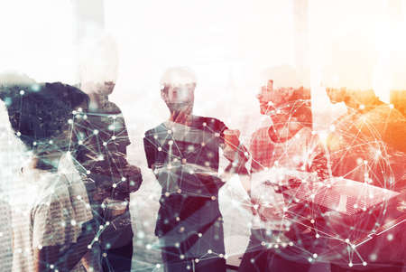 Network  concept with business people silhouette. Double exposure and network effects
