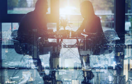 Business people collaborate together in office. Internet connection effects. Double exposure...