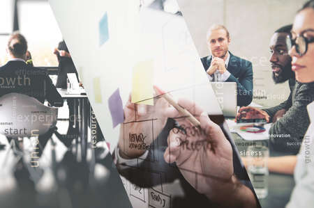 Collage of business people work together drawing a business diagram with marking pen. concept of teamwork, partnership and success. Double exposureの写真素材