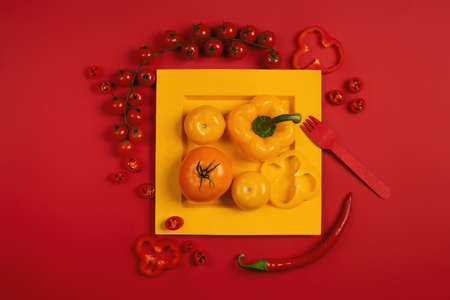 Mixed vegetables in a dish. Stylish composition.の写真素材