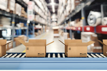 Cardboard boxes on conveyor roller with racks on background