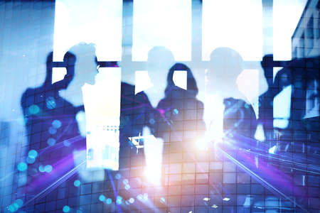 Business people collaborate together in office. Internet connection effects. Double exposure...