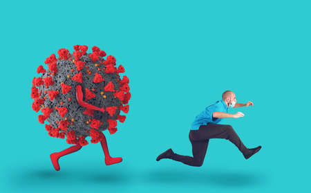Doctor with protective mask is running away from the virus that tries to infect him