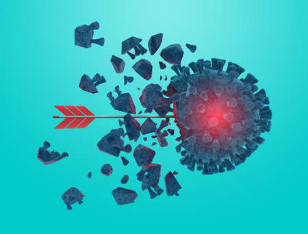 Arrow hits and destroys the coronavirus codiv19. Cyan backgroundの写真素材