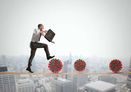 Business man going to work, in trouble on a hanging rope, with viruses lurkingの写真素材