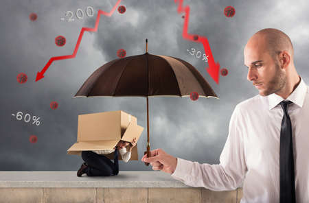 Concept of assistance in your business with a big businessman that holds an umbrella