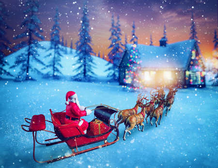 Santa claus in a sleigh ready to deliver presents with sleighの写真素材