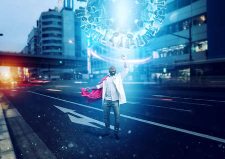 Medic acts like a superhero to fight pandemic of covid19 coronaviruses in the cityの写真素材