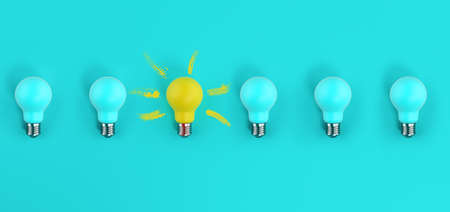 One light bulb on among many off. cyan background. Concept of creativity and idea